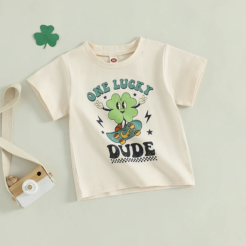 Baby Boy T-shirt Short Sleeve Crew Neck Letters Clover Print Summer Clothes Tops for Casual Daily