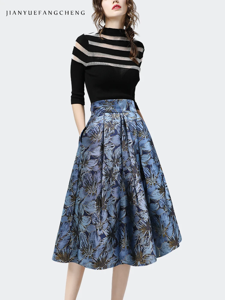 SIWEM WAVE WAIST FLORAL JACQUARD SKIRT