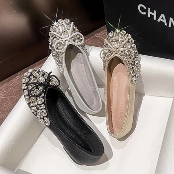 Luxury Designer Woman Rhinestone Flats Ballet Gold/Silver Bowtie Loafers Femmes Shallow Slip On Ballerinas Brides Wedding Shoes 1