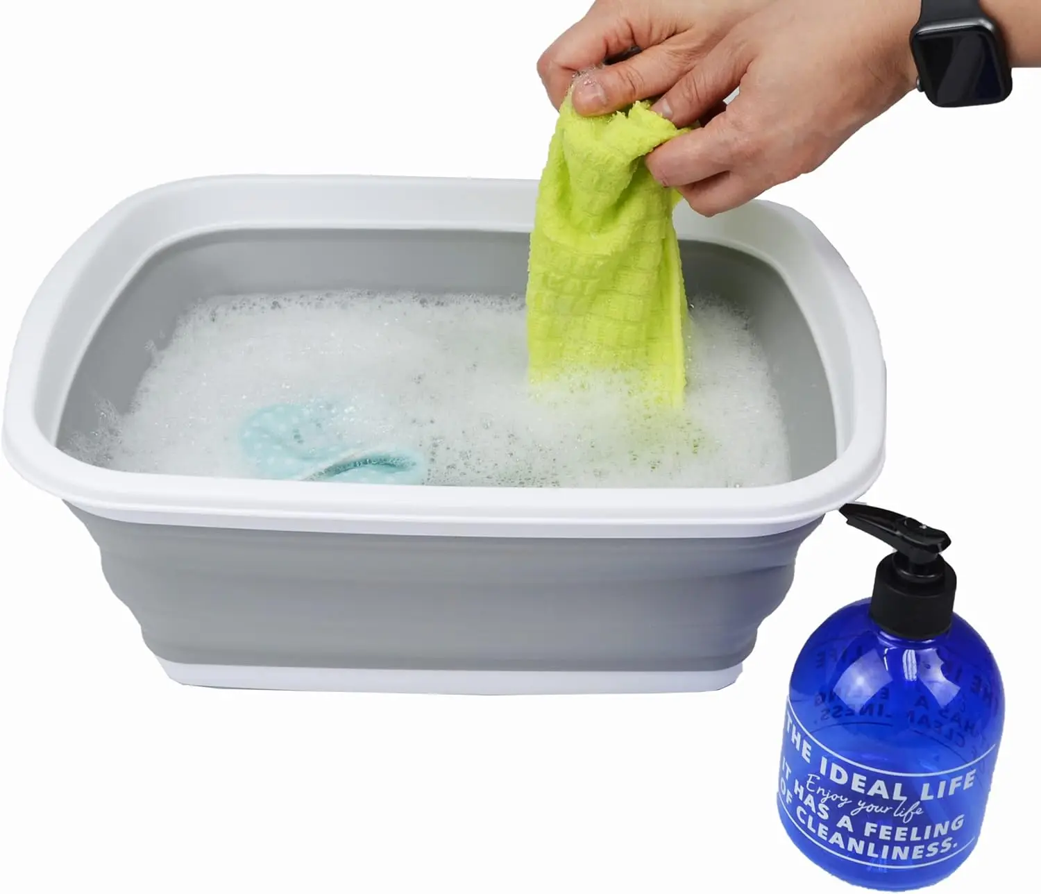 10L (2.6 Gallons) Collapsible Tub - Foldable Dish Tub - Portable Washing Basin - Space Saving Plastic Washtub (White/Grey, 2)