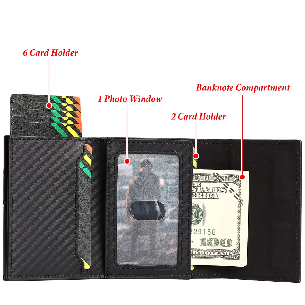 Carbon Fiber Magnetic Men's Credit Card Holder RFID Pop Up Cards Storage Case Automatic Smart Walet with Money Clip