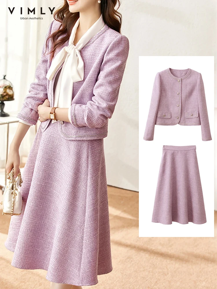 Vimly Elegant Korean Fashion Tweed Skirt Sets Women's Outfits Cropped Jacket Elastic Waist A Line Midi Skirt Two Piece Set V7688