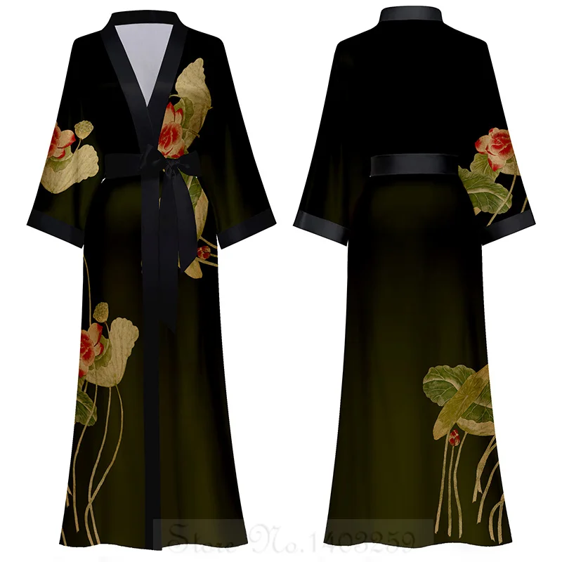 Plus Size Female Long Robe Sleppwear Print Flower Kimono Bathrobe Gown Loungewear Spring Summer Loose Casual Satin Home Dress