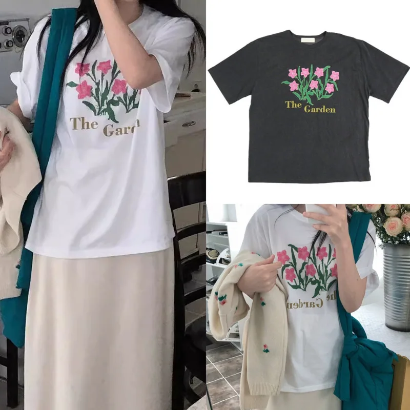 Flower Tated Print Corea East Gate Mode St Mood 2024 Primavera Estate Casual Top Da Donna O-Collo T-Shirt A Maniche Corte Allentata Novità