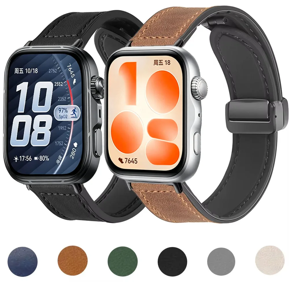 Magnetic Buckle Leather-Silicone Breathable Watch Strap