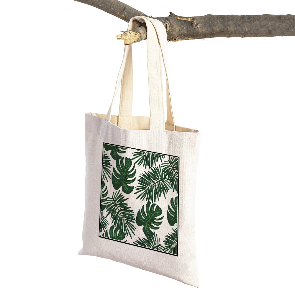 

Casual Cartoon Tropical Leaves Women Shopping Bags Flower Cactus Reusable Fashion Canvas Shopper Bag Supermarket Tote Handbag