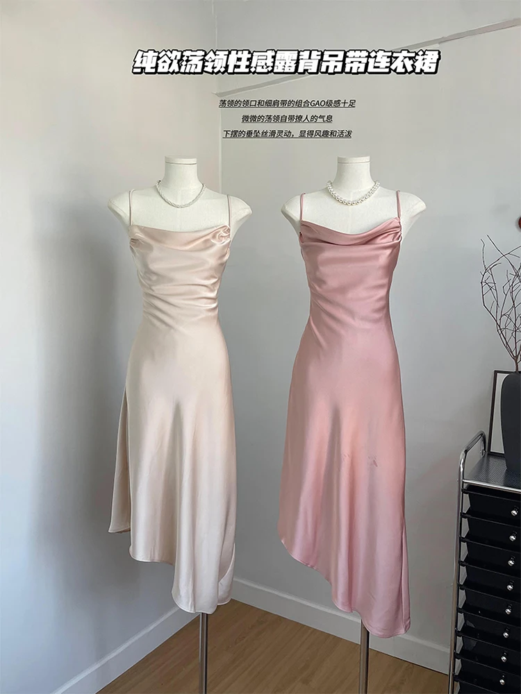 Damska różowa długa sukienka elegancka bez rękawów z sukienka na ramiona Vintage 90s Y2k do klubu na imprezę jednoczęściowe sukienki z lat 2000