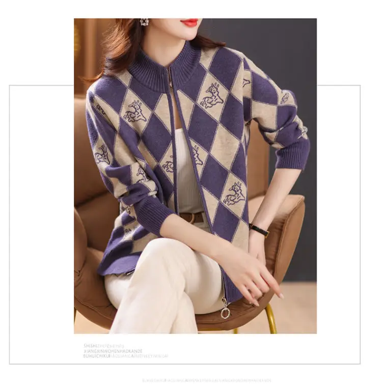 Women's Korean Vintage Plaid Sweaters Cardigan Autumn Winter Casual All-match Stand Collar Zipper Knitted Tops Female Clothing