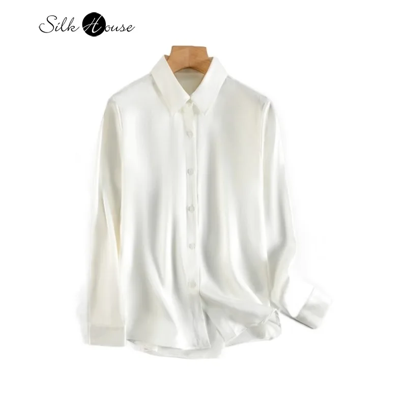 

35MM Heavyweight 100% Natural Mulberry Silk Plain Satin Turn-down Collar OL Style White Versatile Casual Long Sleeved Shirt