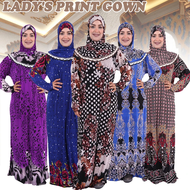 2024 New Muslim Hijab Clothes Women Printed Robe Arab Dubai Kaftan Turkey Long Sleeve Prayer Maxi Dress Islamic Abaya Robe