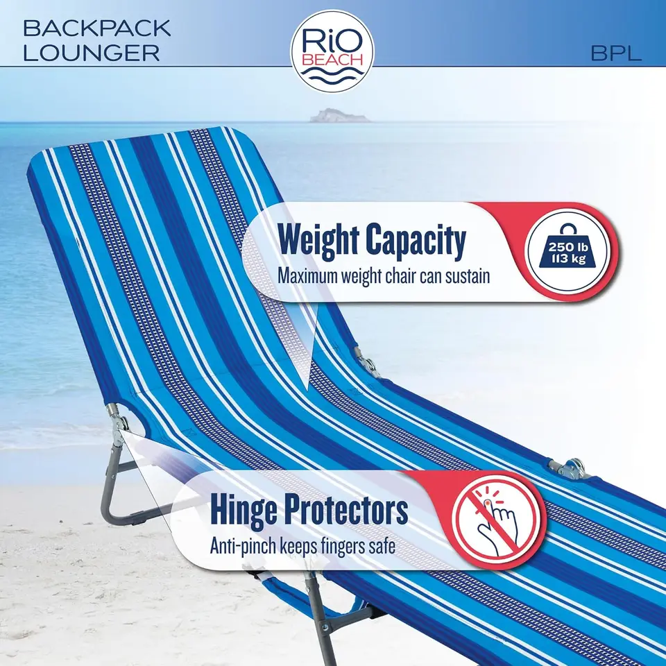 Rio Brands 5-Position Lay Flat Beach Chair With Backpack Straps - Lightweight & Reclining, Blue - View #4