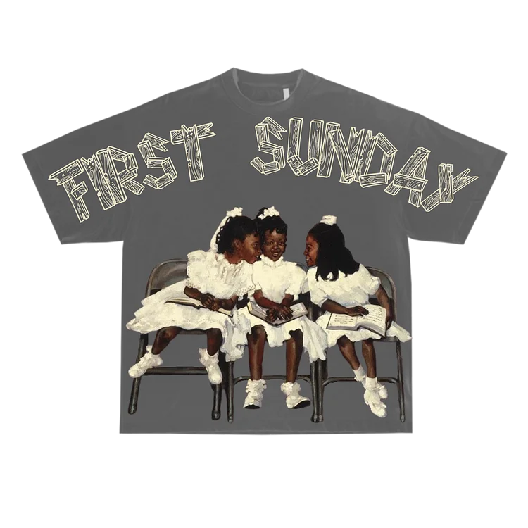Vintage Children First Sunday Print Graphic Cotton T-Shirt