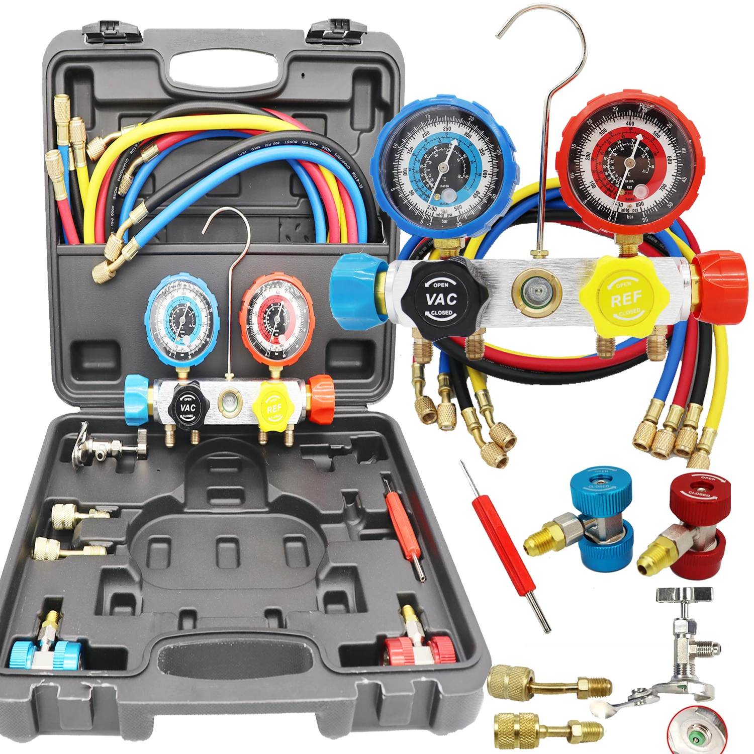 VEVOR 4 Way AC Gauge AC Manifold Gauge Set For R134A R22 R12 R410A Refrigerant Freon Gauges With 5ft Hoses Couplers Can Tap Works On Car Auto Freon Charging And Evacuation In - View #5