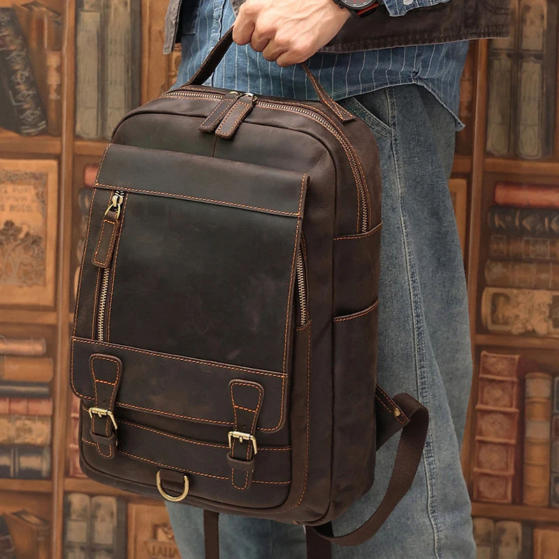 Men's Crazy Horse Skin Business Computer Backpack Outdoor Travel Bag Vintage Men's Genuine Leather Backpack High-capacity