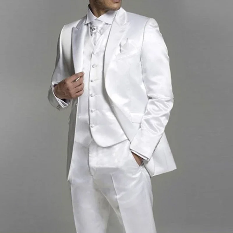 

White Satin Men Suits for Wedding Groom Tuxedos Peaked Lapel Custom Formal Man Suit Set Jacket Vest with Pants 2024