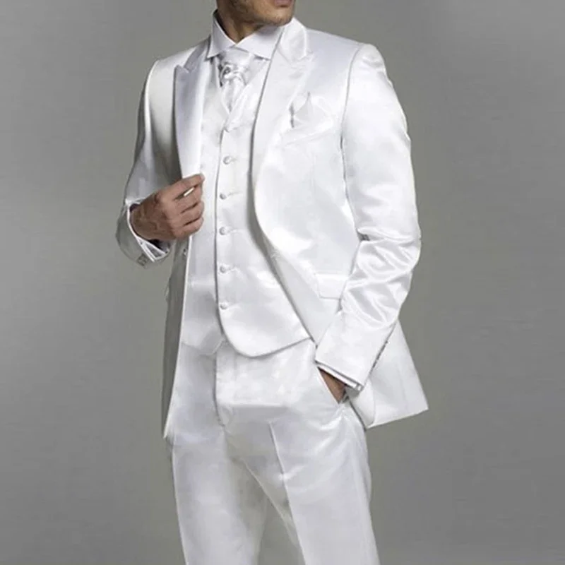 White Satin Men Suits for Wedding Groom Tuxedos Peaked Lapel Formal Set Jacket Vest with Pants