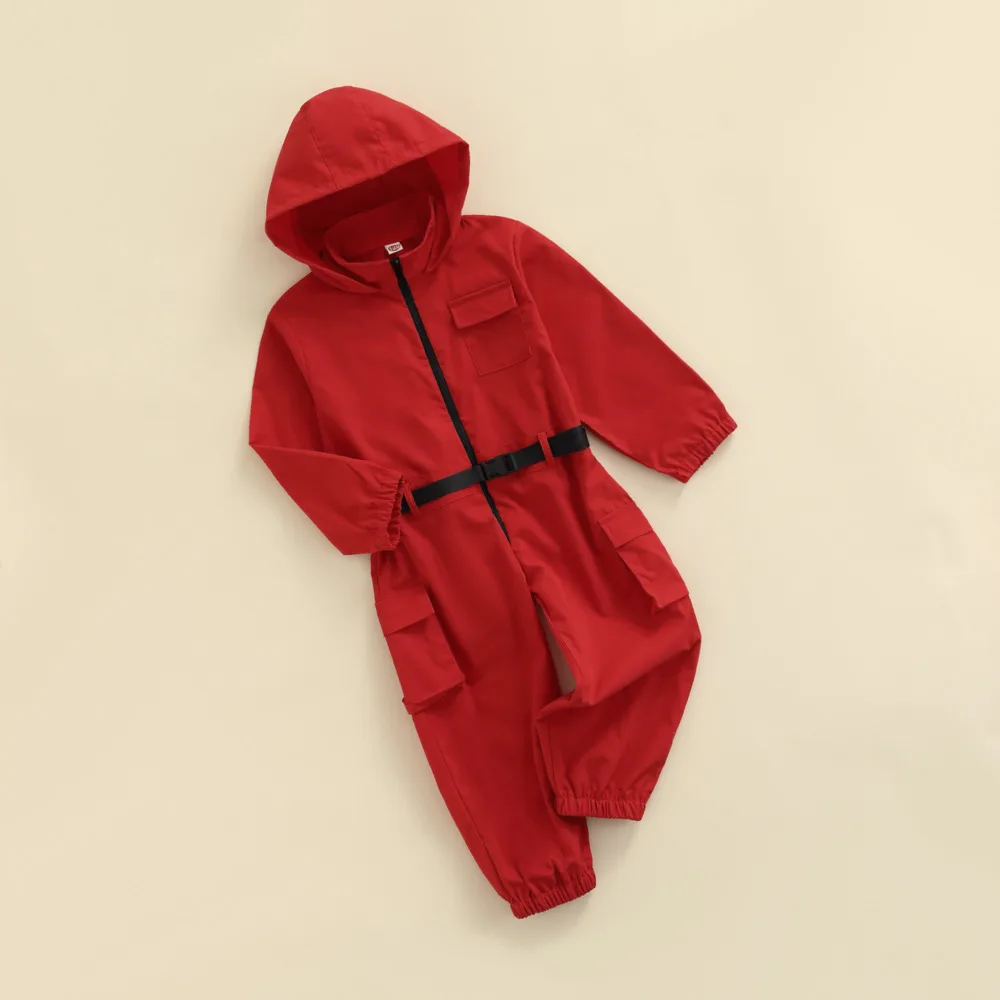 Cosplay jumpsuit kids cosplay costume Unisex Korean Drama Survival Game Cosplay Costume Hooded Jumpsuit + Gloves + Belt 3Pcs Halloween Party Clothes for Kid Boy Girl