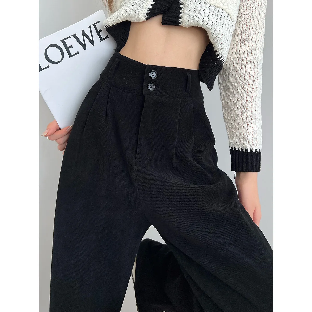 

Korean Fashion Black Corduroy Pants Women High Waist Pant 2024 Spring Winter New Women's Warm Casual Straight Pants Y2k Clothes