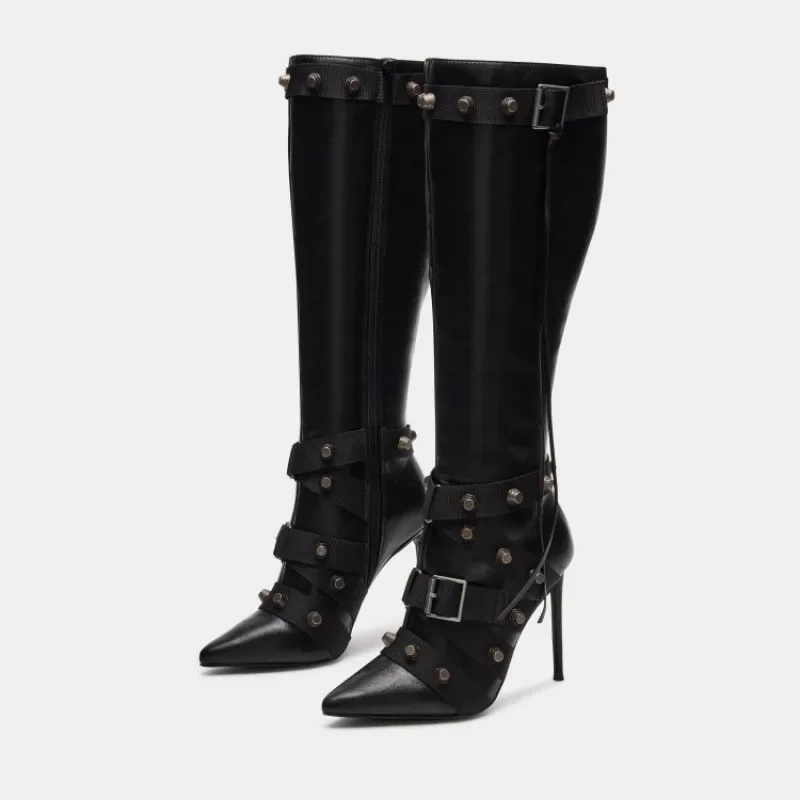Slim High Heeled Motorcycle Boots for Women, Versatile Rivet Boots, European and American Style, Sexy, 2023