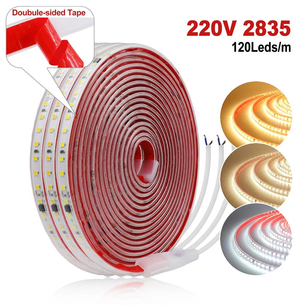 AC 2835 Led Strip Lights Dimmable 220V 230V 120 LEDs/m 0.5m 1m 2m 5m 10m 20m 50m Waterproof High Brightness Diode Tape Adhesive 2