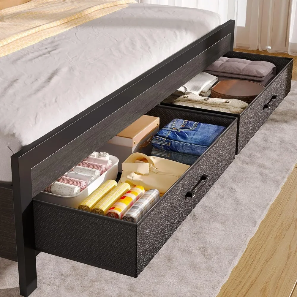 Bed Frame Twin Size with Storage Headboard and 2 Drawers,Upholstered Platform Bed with Charging Station,Heavy Duty Frame Support 5