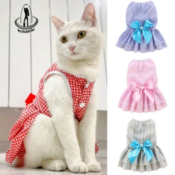 고양이 강아지 공주 드레스, 줄무늬 격자 무늬 드레스, 고양이 새끼 고양이 토끼 스핑크스 의류, 강아지 드레스, 활, 여름 애완 동물 의류