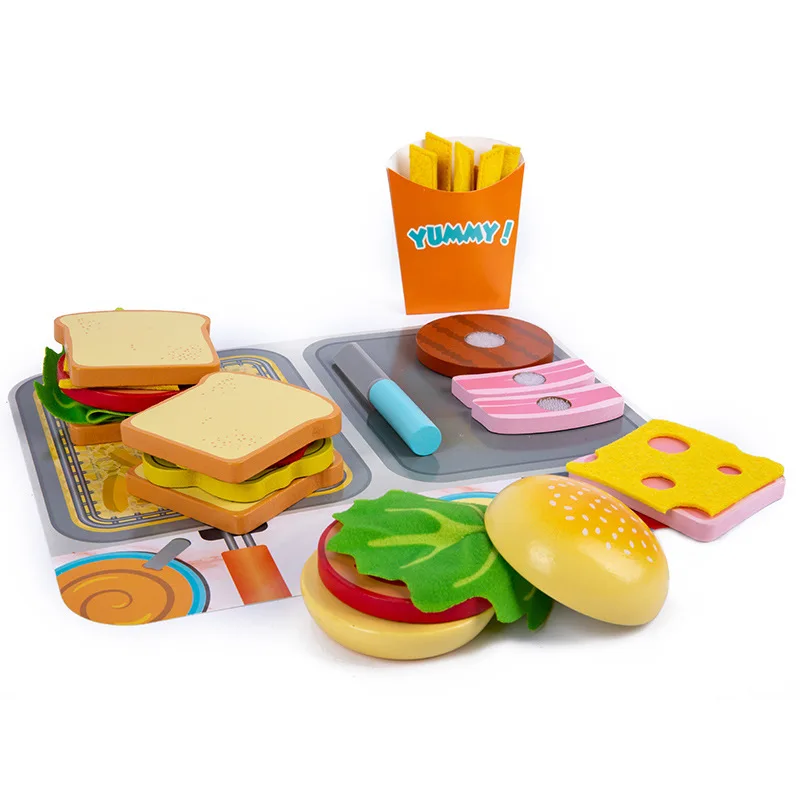 木製のハンバーガーとフライドポテトのサラダセット子供用キッチンゲーム男の子と女の子の誕生日プレゼントプレイハウスのおもちゃ