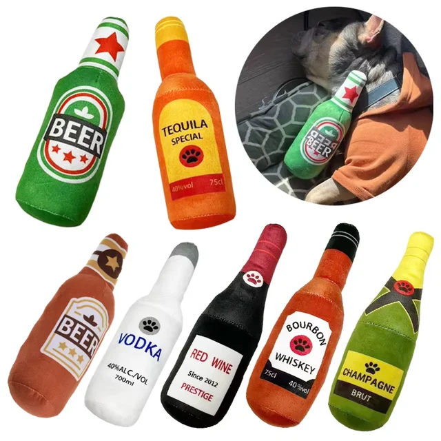 Funny Plush Dog Toys Beer Bottle Shaped Small Large Dogs Squeak Sound Clean Teeth Chew Toy Pets Interactive Playing Supplies 3