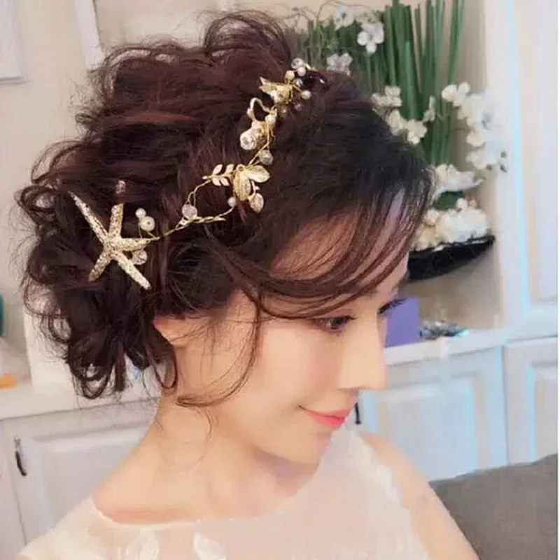 Elegant Starfish Star Hairpins The Bridal Hair Accessories Handmade Headband Bride Handmade Tiaras Soft Pearl Hair Jewelry