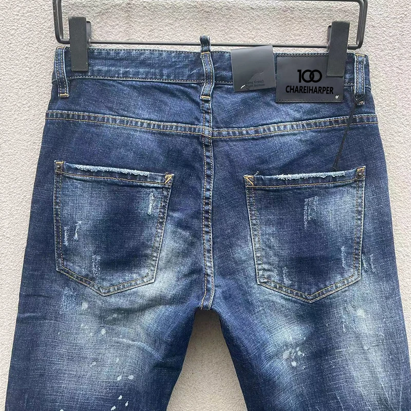 chareiharper dsq 9116 men's skinny Skinny jeans Ripped fabric Stretch Paint Splash black patchwork jeans