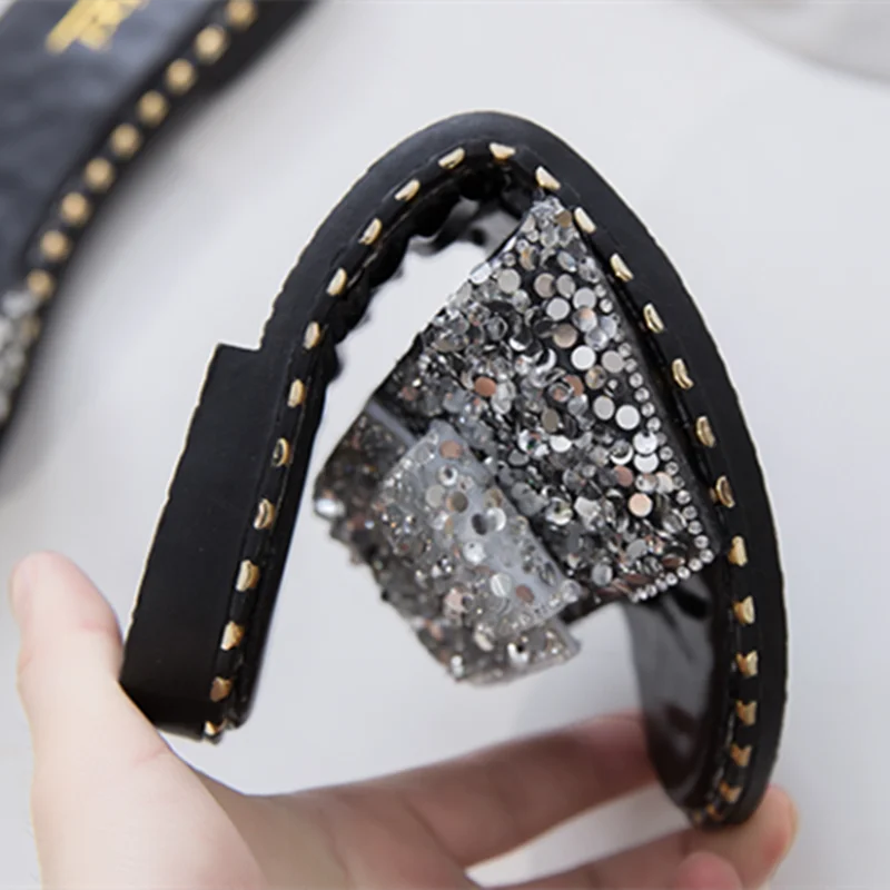Lady Bow High Quality Bling Shoes Casual Summer Open Toe Women Slides Sequined Cloth Flat Slippers Black Grey Plus Sizes 43 -35