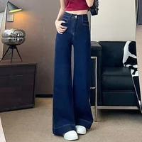 Girls Fashion Korean Straight Casual Jeans Female Baggy High Waist Wide Leg Denim Pants Women Classic Wash Dark-blue Trousers - Image 2