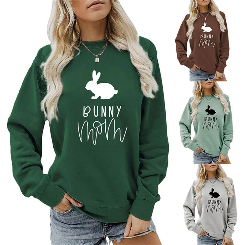 

New fashion cotton bunny mom fun print casual ladies loose long sleeve vintage crew-neck hoodie