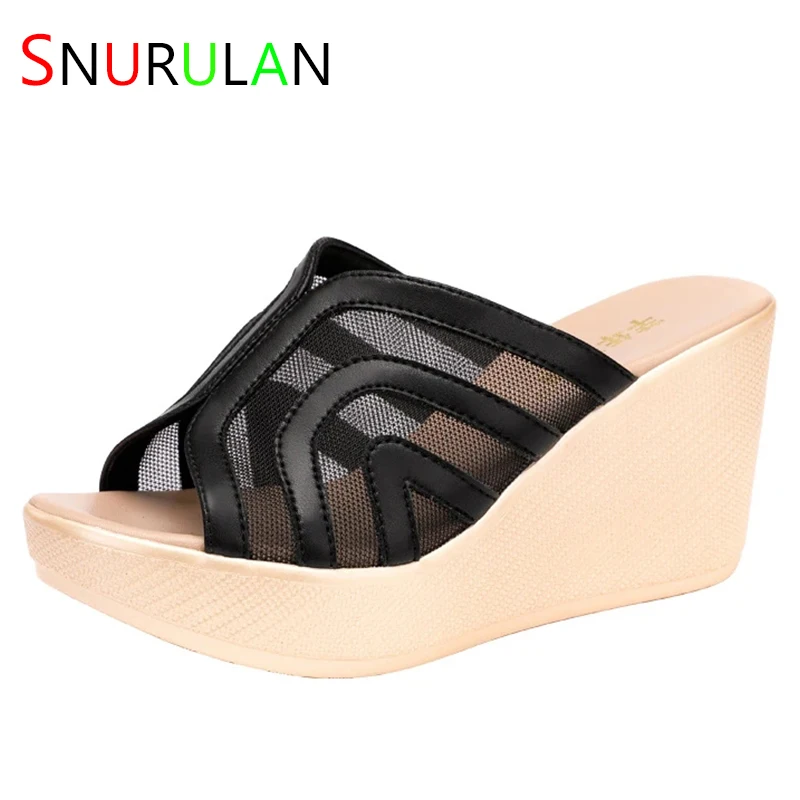 

Big Size 32-43 OL Office Genuine Leather Lace Chunky Platform Slippers Women Wedding Shoes 2023 High Heels Wedges Slides