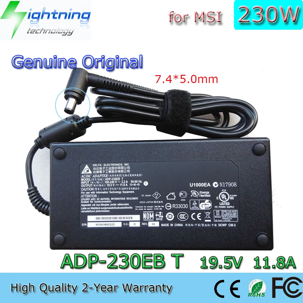 

New Genuine Original 230W 19.5V 11.8A 7.4*5.0mm ADP-230EB T Laptop Adapter for MSI GE75 Raider 10SF-446 10SFS-221 Power Supply