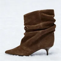 Suede Winter Women High Boots Pointed-Toe Pleated Short Boots Female Brown Retro Elegant Designer Ankle Boots Bottes Femmes