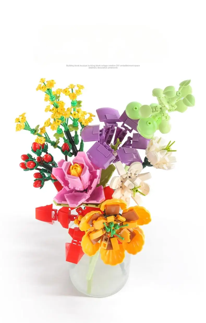 Eternal Rose Sunflower Bouquet Building Blocks, DIY Mini Bricks for Adults, No W