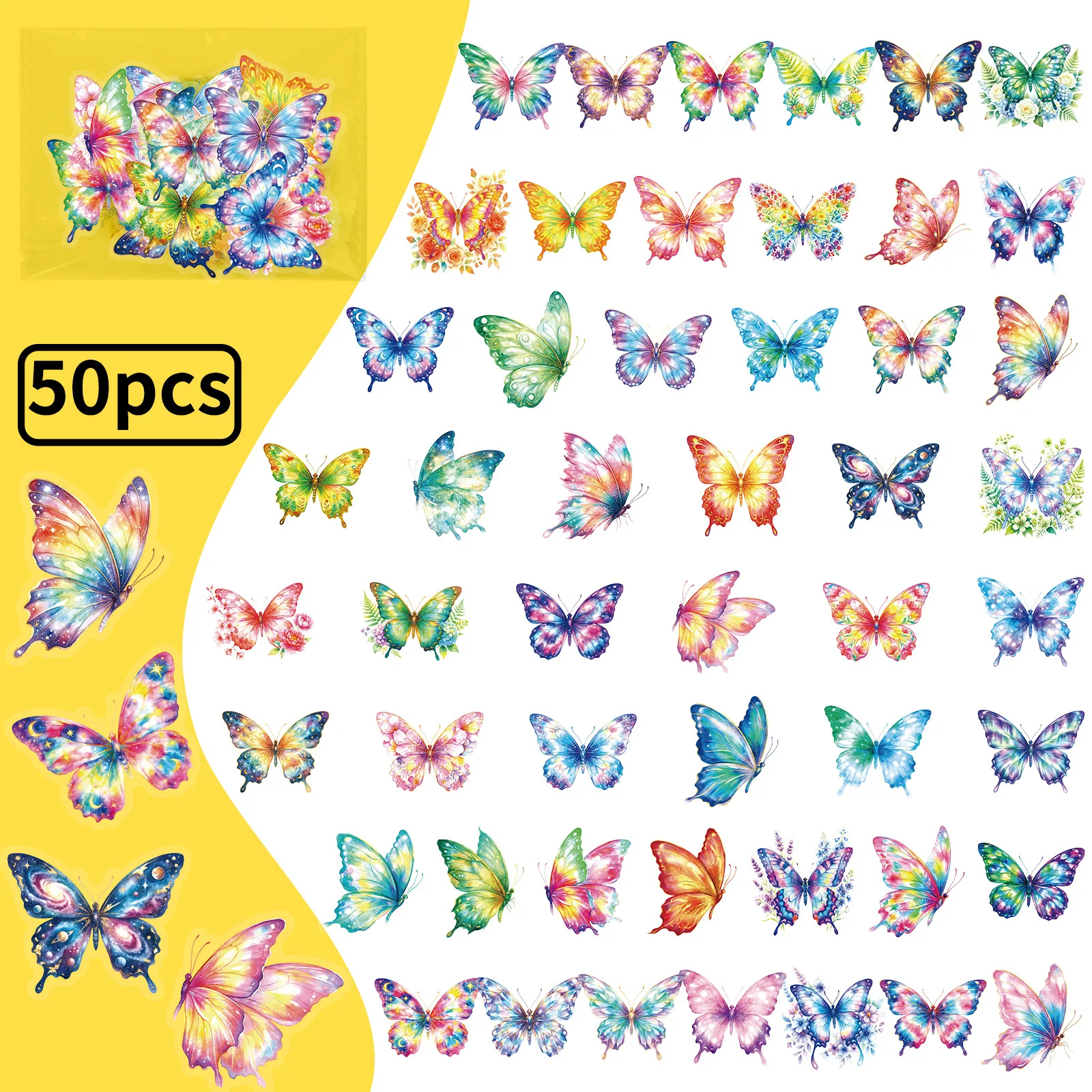 56PCS 수채화 무지개 나비 PET 스티커, 꿈같은 그라데이션 페인트 곤충 문구류 헬멧 장 아트 스티커