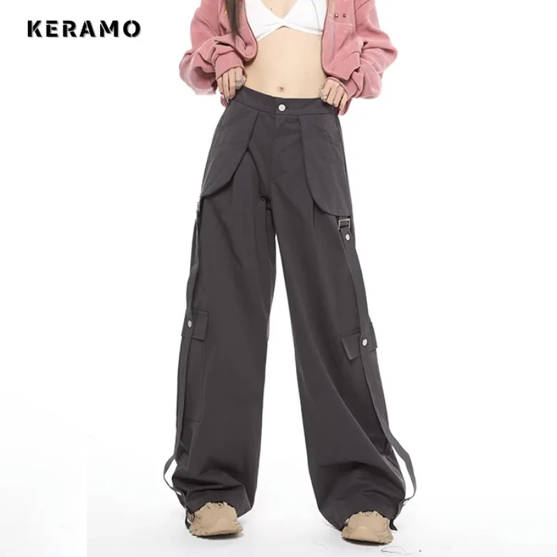 2023 Autumn Vintage Casual High Waist Solid Color Cargo Pants For Women Streetwear Style Wide Leg Overalls Baggy Y2K Trouser