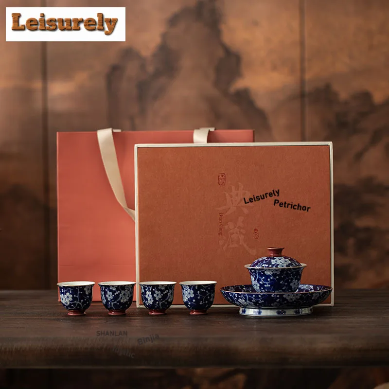 Blue And White Ice Plum Round Fusion Tea Set Complete Set Luxury Tea Ceremony Set Household Teapot And Tea Cup Set Teaset Craft