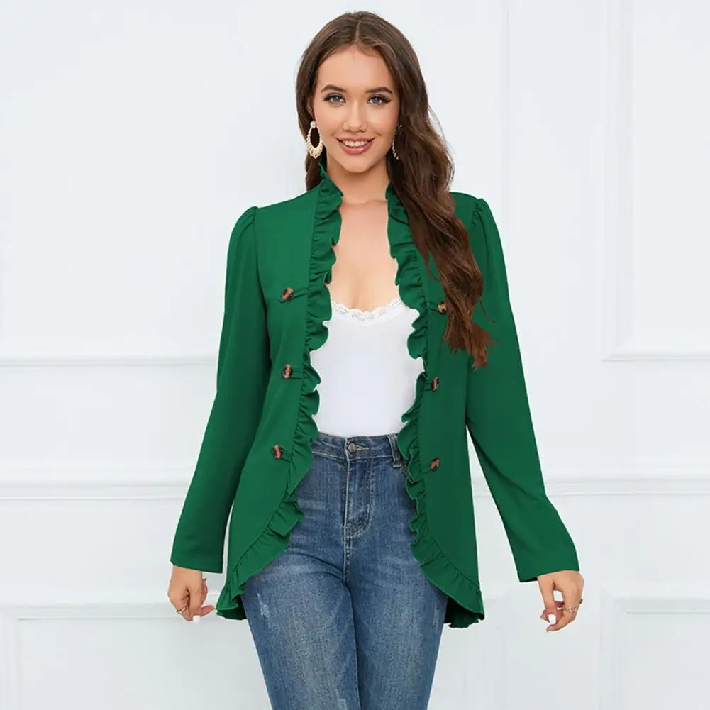

Women Suit Coat Elegant Ruffle Trim Suit Jacket for Women Double Breasted Office Coat Autumn Winter Solid Color Outwear Autumn