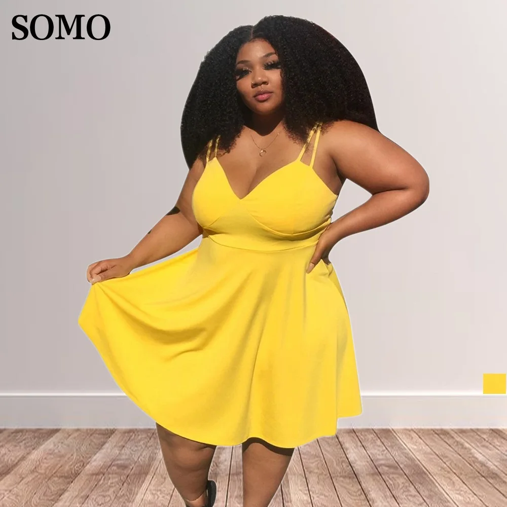 

Summer Women Yellow Casual Dress Sexy V Collar Solid Color Elegant Sling Swing Dresses Fashion Outfit Wholesale Dropshipping