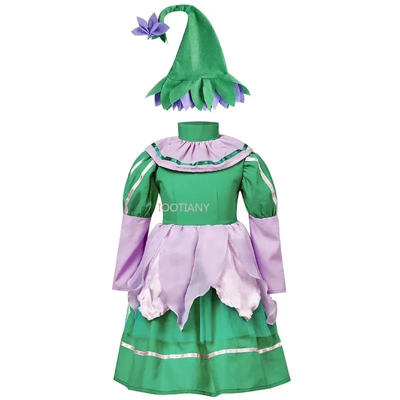 Green Girls Flower Fairy Elf Cosplay Outfit Children Halloween Goblin Costumes Carnival Purim Parade Role Play Party Dress
