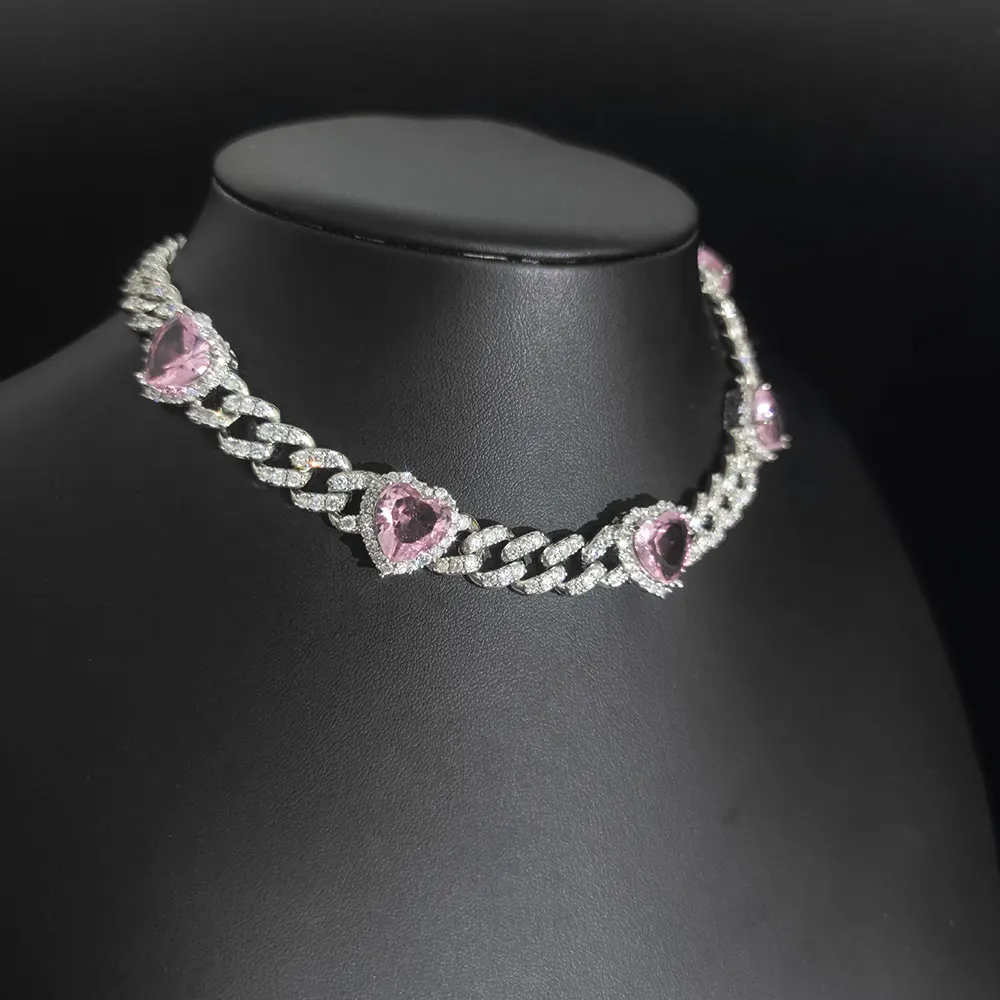 10mm Pink Heart CZ Silver Iced Out Cuban Chain Necklace Hip Hop Prong Link Chain Choker Necklace Women