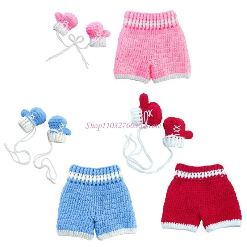 R6FD Baby Häkeln Neugeborenen Foto Cool Boy Kostüme Boxhandschuhe Hosen Kleidung Set – Detail 10
