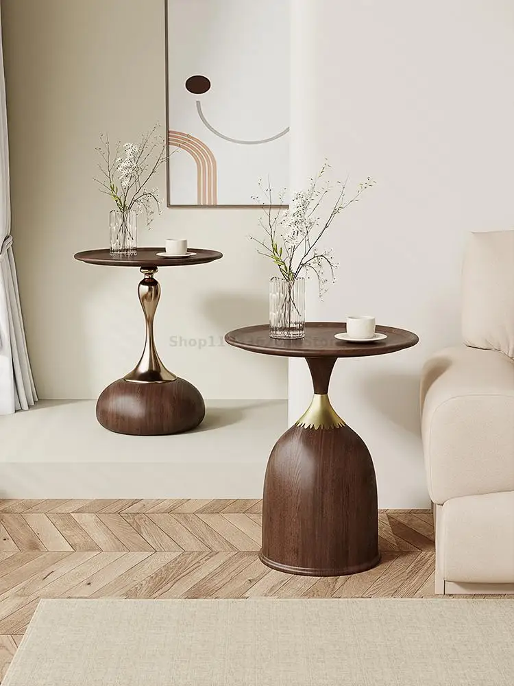 Walnut Color Side Table Italian Minimal Round Table Round Coffee Simple Light Luxury Bedside Sofa Small