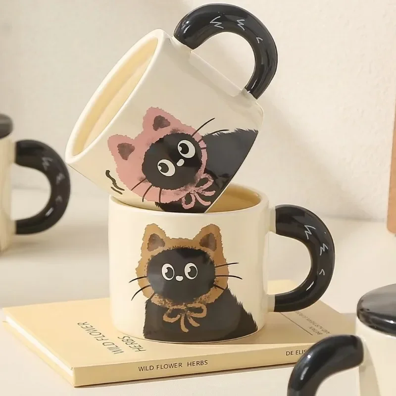 Creative personality cat mug with lid  cute ceramic coffee cup office cup gift drinking water cup souvenir