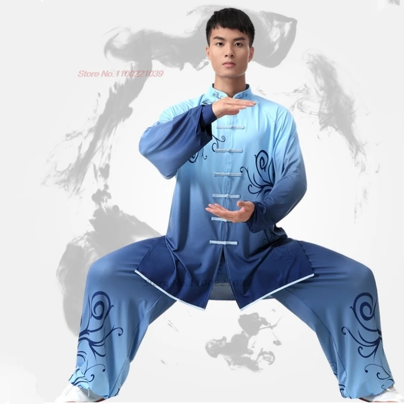 chinese tai chi uniform gradient color flower print martial arts training exercise clothing wingchun wushu kungfu uniform