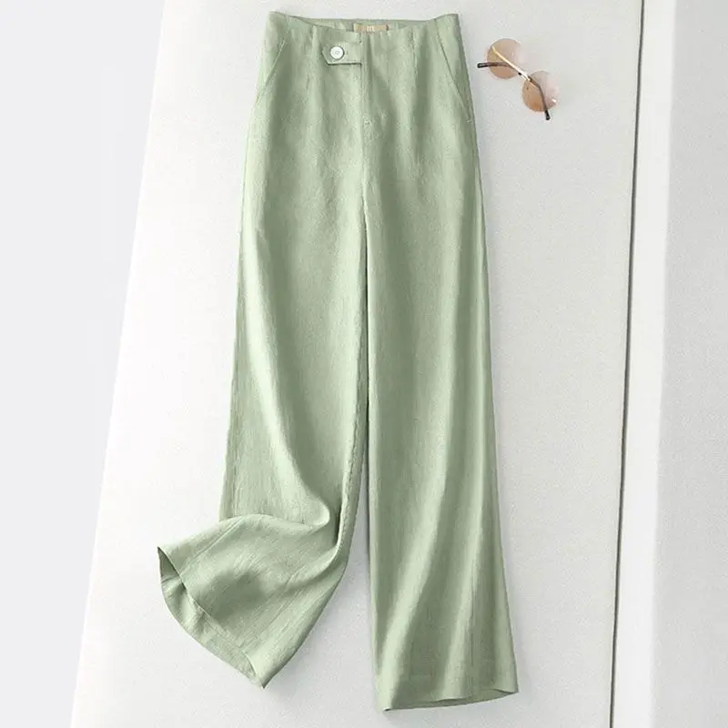 Women Casual Cotton Linen Straight Pants 2023 Spring Summer High Waist Baggy Pants Ladies Office Work Button Oversized Pantalone
