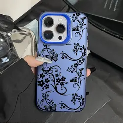 Elegant Black Floral Butterfly Phone Case - Shockproof Bumper Cover - iPhone 15 Plus (Blue)